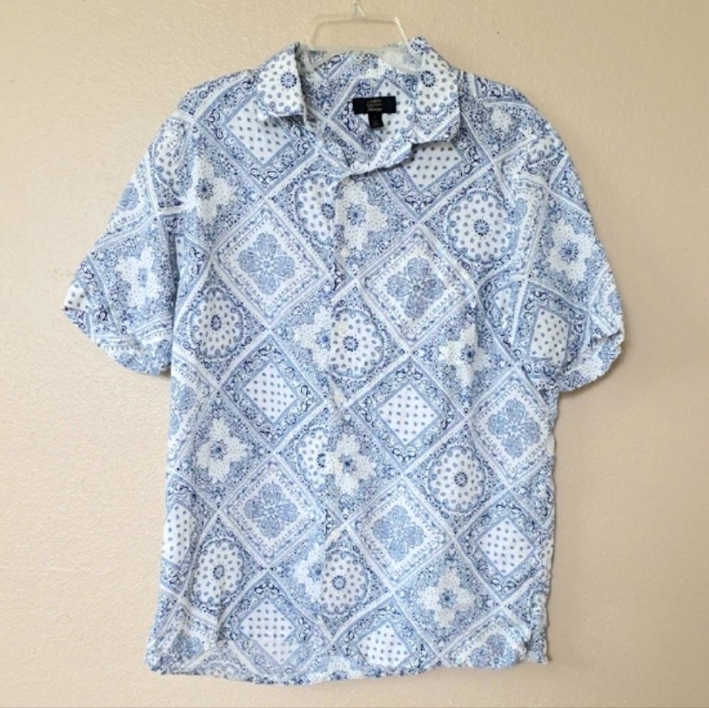 Club Room Men's Blue 100% Linen Bandana Print Short Sleeve Shirt - Size Large
